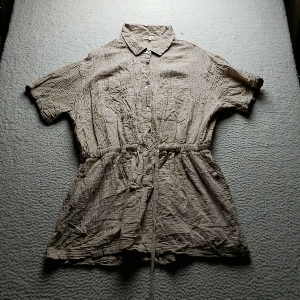 No Comment Plus Shirt Dress Womens 3X Beige Short Sleeve Collared Button Front
